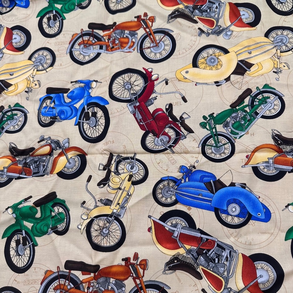 Timeless Treasures Vtg Motorcycle Scooter Cotton Quilting Fabric Novelty 36x21